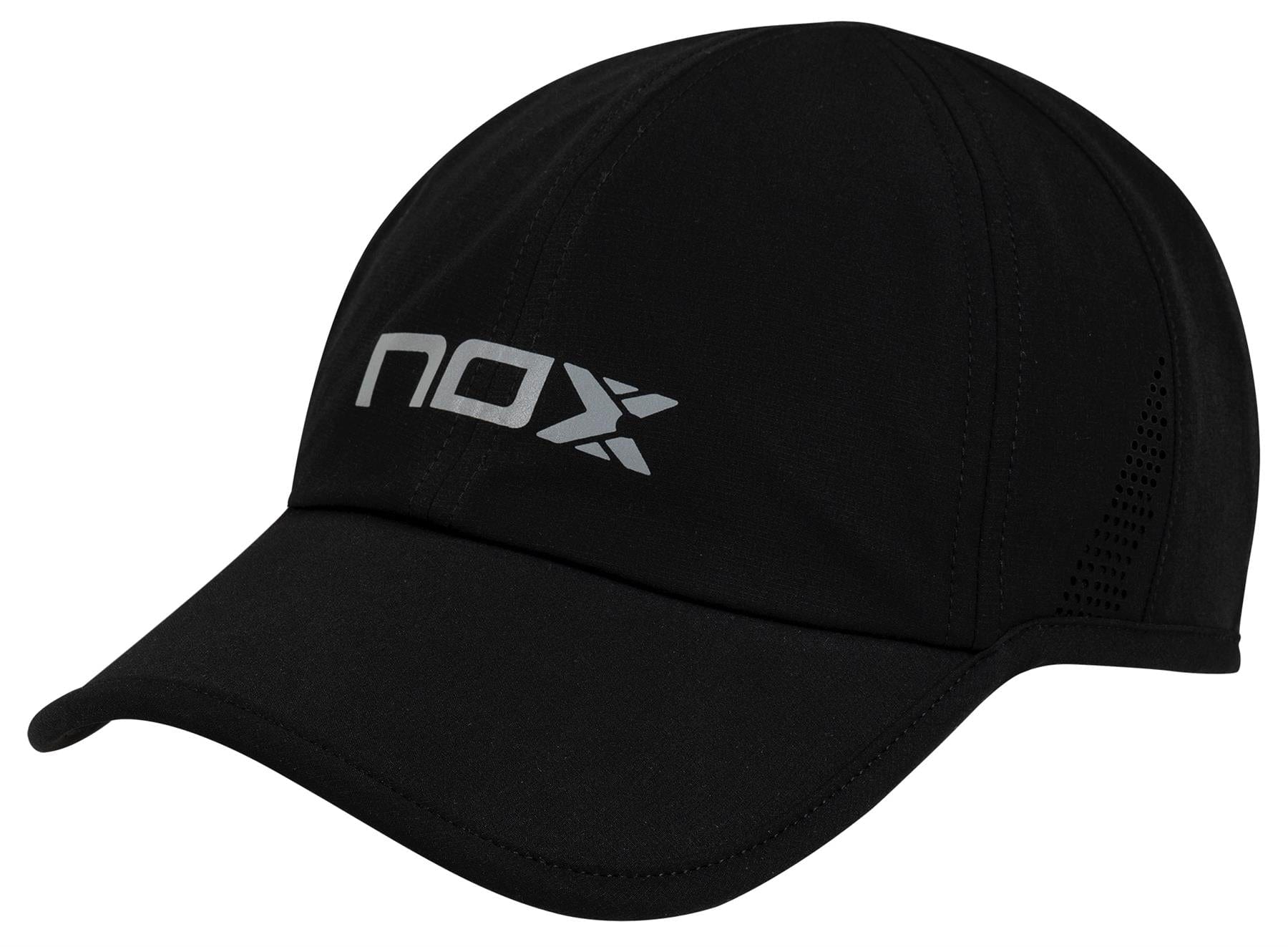 The NOX Padel Cap - Black / White by NOX features "nox" in white on the front, an adjustable fit, side ventilation holes, and a curved brim for sun protection.