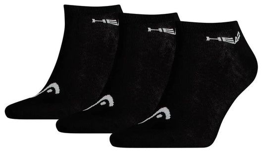 A row of three black HEAD Sneaker Padel Socks showcases white branding on the cuff and a geometric toe pattern, highlighting their comfort-focused design against a white background.
