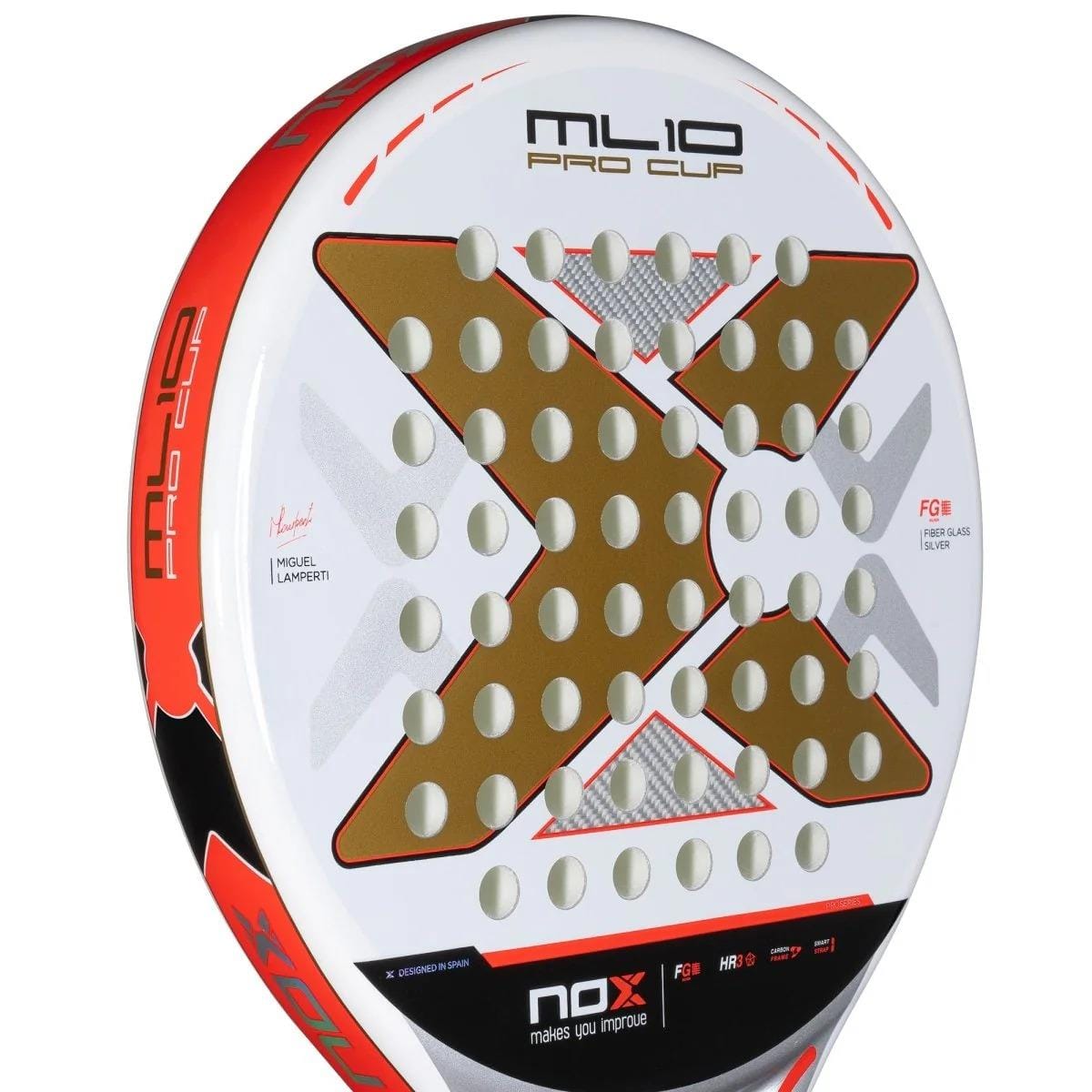 Close-up of the NOX ML10 Pro Cup Coorp By Miguel Lamperti 2025 Padel Racket, featuring a bold X design, gold and red accents, and multiple circular holes on the face.