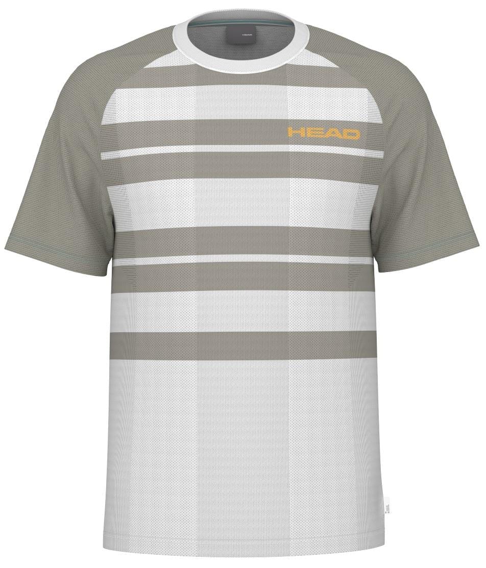 The HEAD Performance Men's Padel T-Shirt - XPWG features a gray and white plaid pattern with "HEAD" in orange on the chest. It has a ribbed neckline and gray sleeves for contrast, and is crafted with Moisture Transfer Microfiber technology to keep you dry during activities.