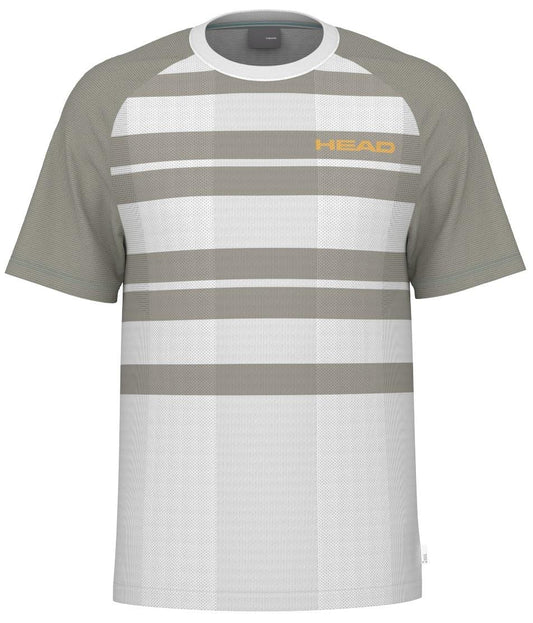 The HEAD Performance Men's Padel T-Shirt - XPWG features a gray and white plaid pattern with "HEAD" in orange on the chest. It has a ribbed neckline and gray sleeves for contrast, and is crafted with Moisture Transfer Microfiber technology to keep you dry during activities.