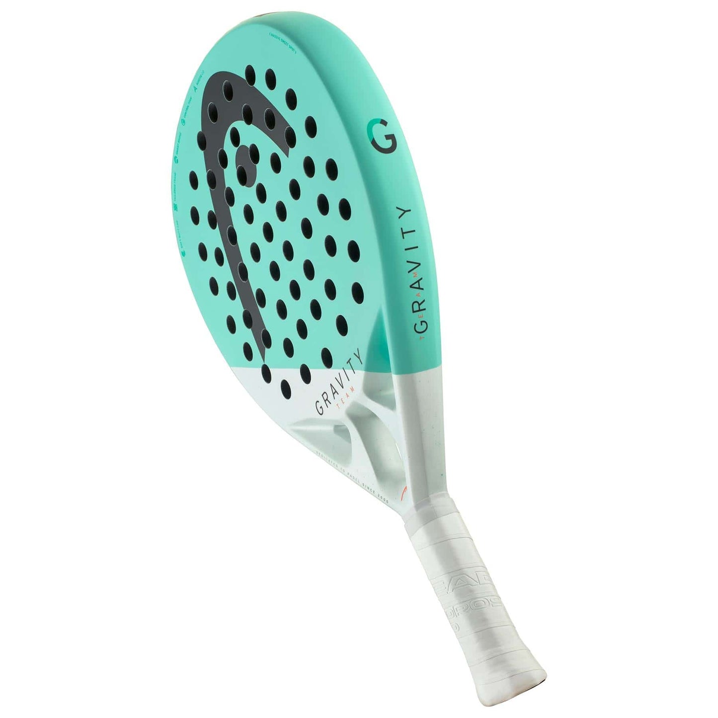 The HEAD Gravity Team 2024 Padel Racket - Mint, crafted for intermediate players, flaunts a turquoise and white color scheme with a perforated surface. It prominently displays the word "Gravity" on its side and utilizes Auxetic 2.0 technology. The racket features a white grip handle and is embellished with a large "G" along with a sleek black logo on its head.