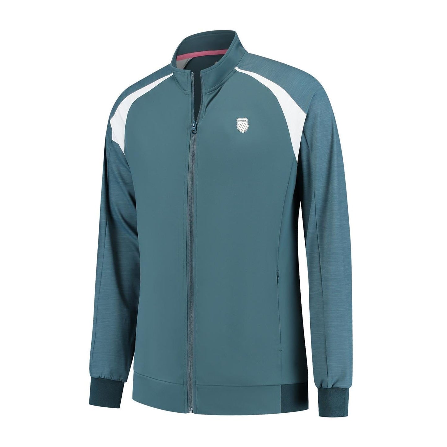 The K-Swiss Hypercourt Men's Padel Tracksuit Jacket 7 in Stargazer/White is a teal, full-zip, lightweight jacket with white shoulder accents and a small emblem on the left chest. It features long sleeves, a high collar, and ribbed cuffs, making it ideal for casual wear and sports activities.
