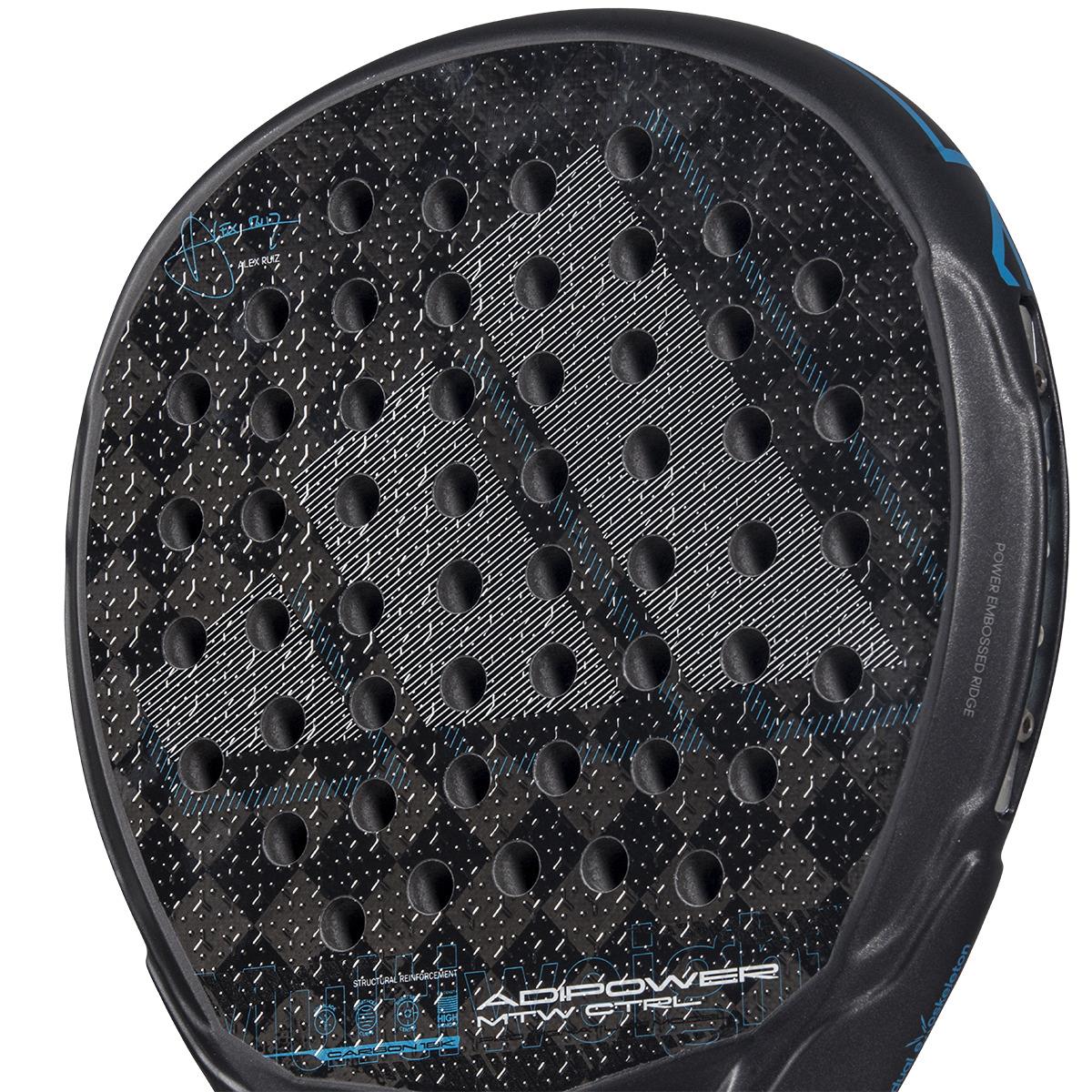 The adidas ADIDAS Adipower Multiweight CTRL 3.4 padel racket, black with blue accents, features a textured surface and small perforations. Favored by Álex Ruiz, it sports a subtle geometric design in gray shades.