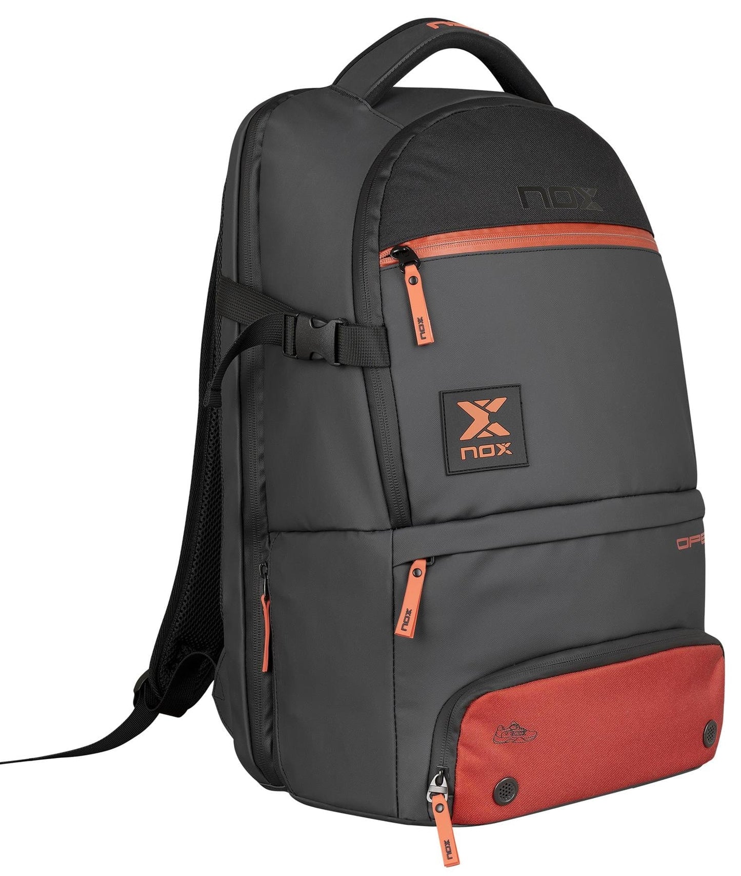 The NOX Luxury Open Series Padel Backpack in black and red features technical materials, ergonomic padded straps, orange zippers, multiple compartments, a top handle for convenience, and a front pocket with two black buttons plus a small logo.