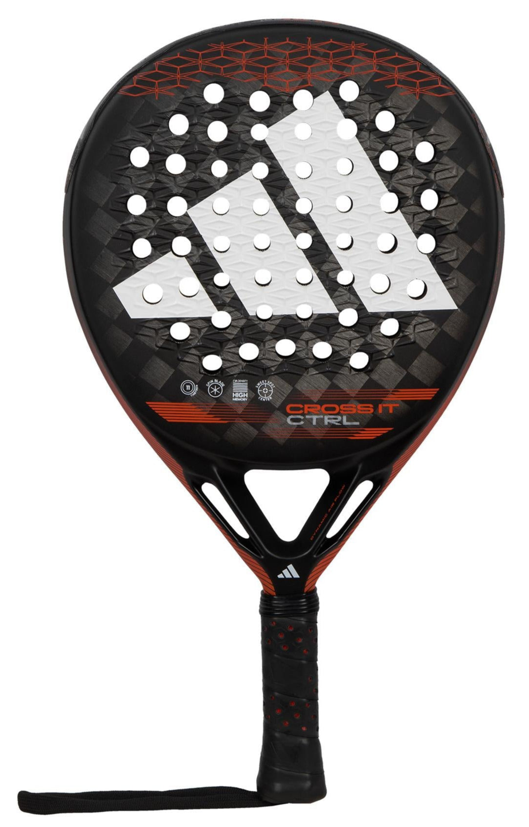 The adidas Cross It CTRL Padel Racket - Black / Red marries a sleek aesthetic with top-tier performance. Its black frame is embellished with white triangular logos and vibrant red details, while the "Cross 1.9 CTRL" label underscores its prowess in control and spin, further amplified by the cutting-edge Spin Blade Mold technology.