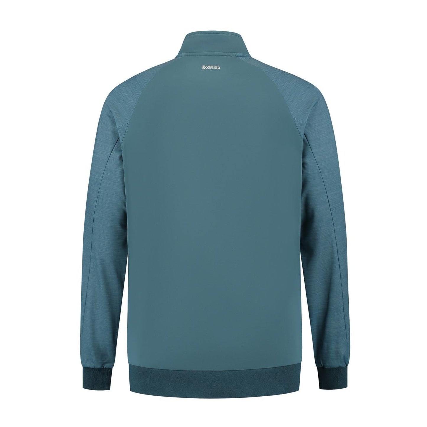 The K-Swiss Hypercourt Men's Padel Tracksuit Jacket 7 in Stargazer/White features a high collar, long sleeves, and a subtle back logo. With slightly textured material for a lightweight feel and ribbed cuffs and waistband for comfort, it's perfect with the Men's Padel Tracksuit. Back view shown.