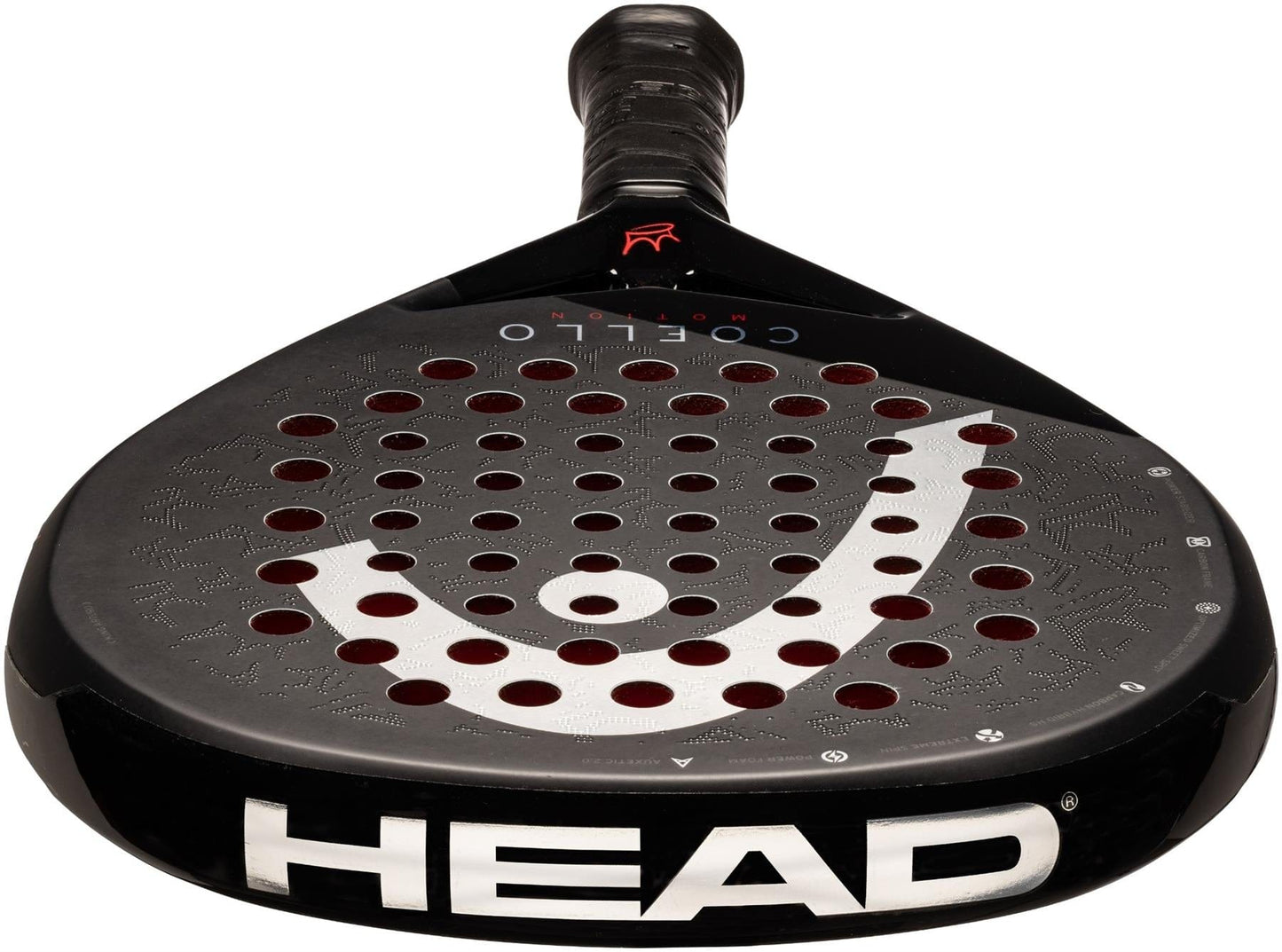 The HEAD Coello Motion 2025 Padel Racket in black features a perforated face, Extreme Spin technology, a large white logo, and the HEAD brand name boldly displayed in white on the throat.