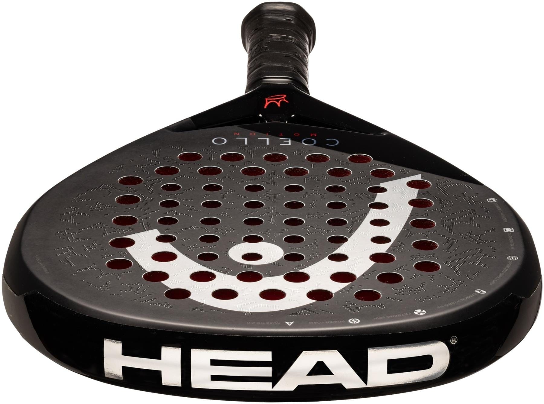 The HEAD Coello Motion 2025 Padel Racket in black features a perforated face, Extreme Spin technology, a large white logo, and the HEAD brand name boldly displayed in white on the throat.
