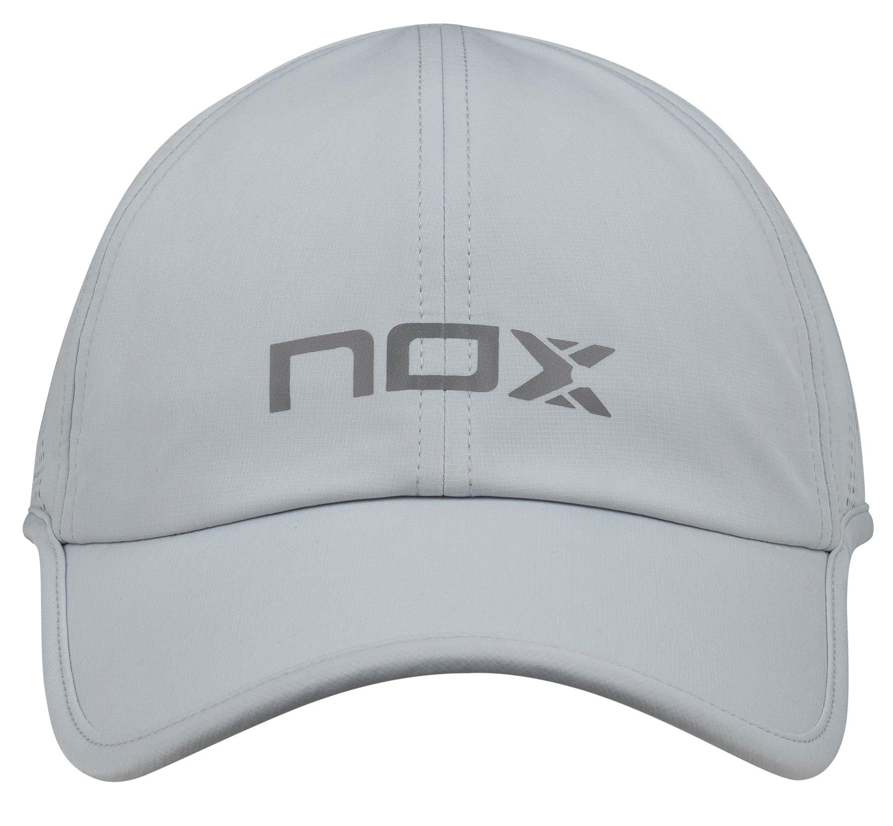 The NOX Padel Cap - Grey by NOX is lightweight and breathable, with "nox" in dark gray on the front and an adjustable velcro strap for a custom fit.