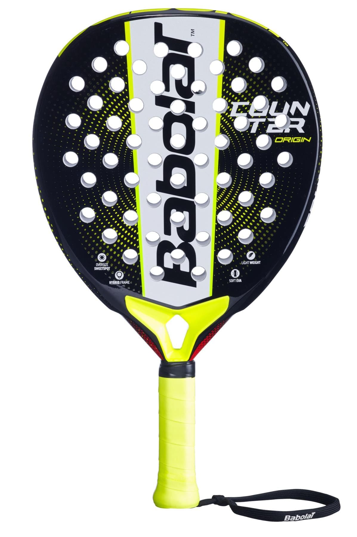 The Babolat Counter Origin Padel Racket in black and yellow features a round head, white branding, yellow grip with wrist strap, and multiple perforations for enhanced control—ideal for beginner to intermediate players.