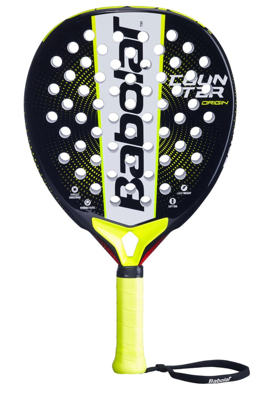 The Babolat Counter Origin Padel Racket in black and yellow features a round head, white branding, yellow grip with wrist strap, and multiple perforations for enhanced control—ideal for beginner to intermediate players.