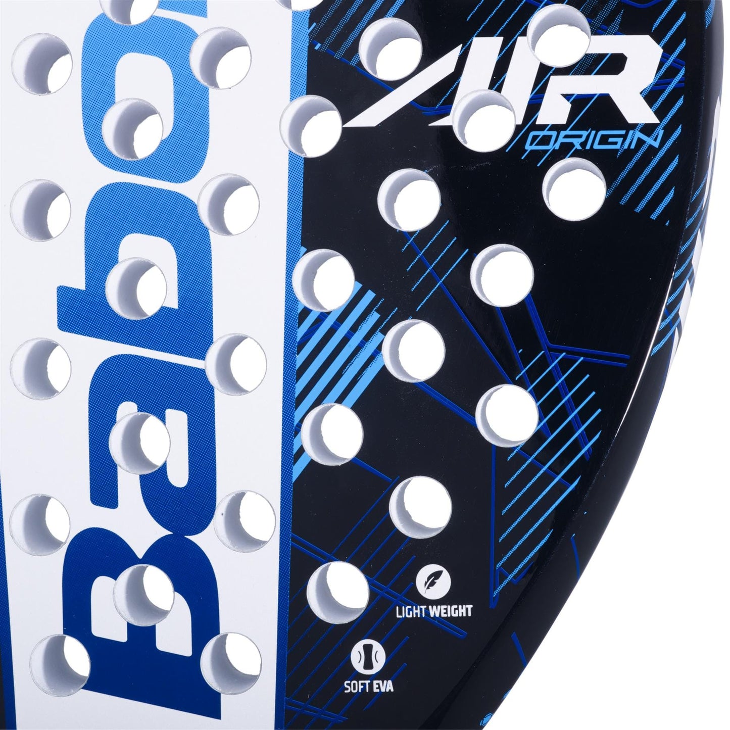 Close-up of the Babolat Air Origin Padel Racket - Blue by Babolat, featuring a black and blue design, "Light Weight" and "Soft EVA" labels, an oversized sweet spot, circular holes, and bold branding for versatile performance.