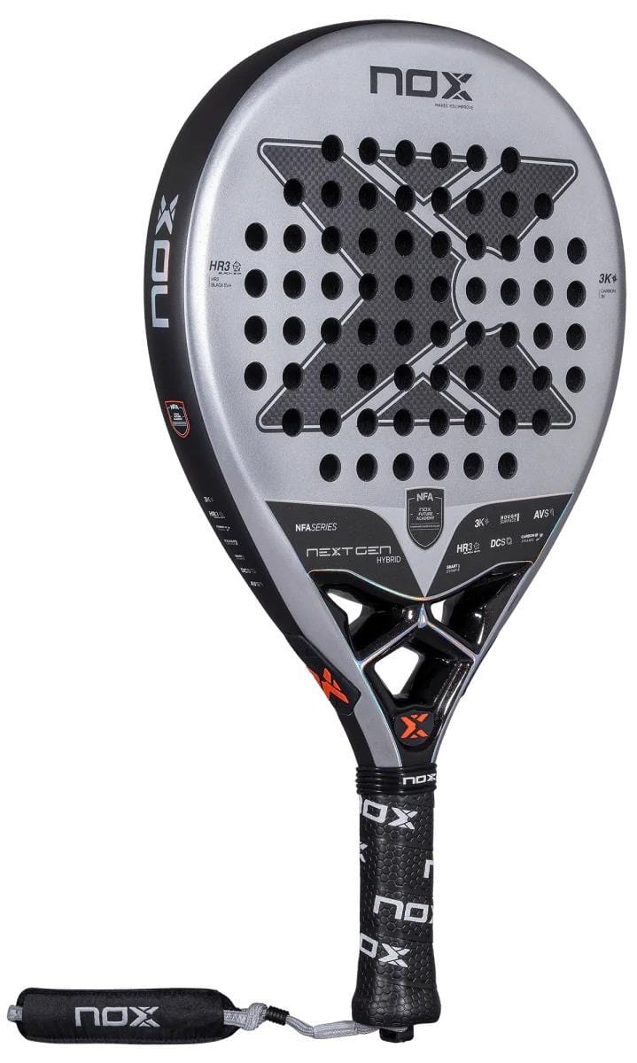 The NOX NFA Nextgen Pro Hybrid 3K Padel Racket in silver and black features a striking "X" design, black perforations, and grip with wrist strap. Made from 3K Carbon with an HR3 Black Eva core for top-level court performance.