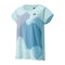 Crystal blue Yonex 20764 Crew Neck Women's Padel T-Shirt, featuring short sleeves and adorned with abstract vertical stripes in purple and blue that create a wave pattern on the front. Equipped with VeryCool technology for UV reduction, it includes a small logo near the top.