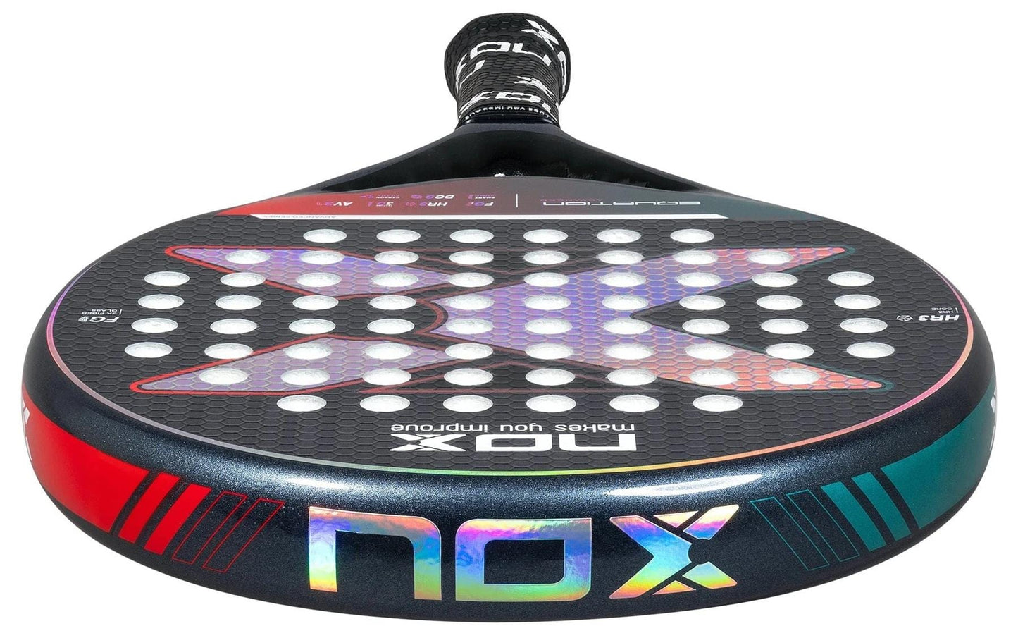 Front view of the NOX Equation Light W Advance Series Padel Racket in blue/red, featuring a round perforated face, iridescent NOX branding, and black grip handle. Ideal for intermediate players.
