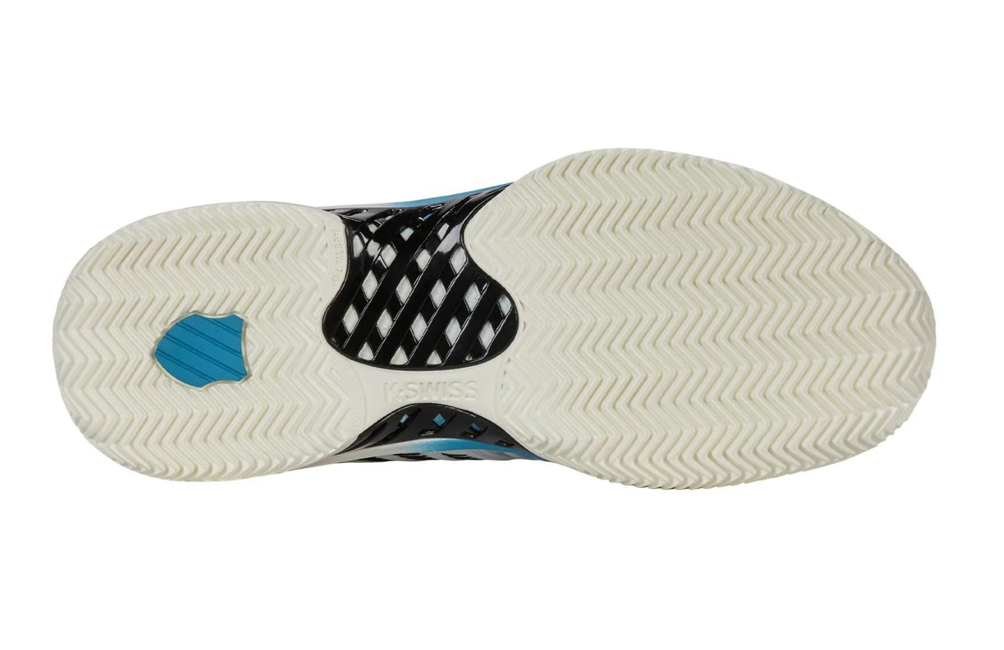 The image shows the sole of a sneaker similar to K-Swiss Express Light 3 Men's Padel Shoes, featuring a white textured pattern with zigzag grooves for traction, a small blue circular detail near the heel, and a DuraWrap Flex crisscross design embossed with "K-Swiss.