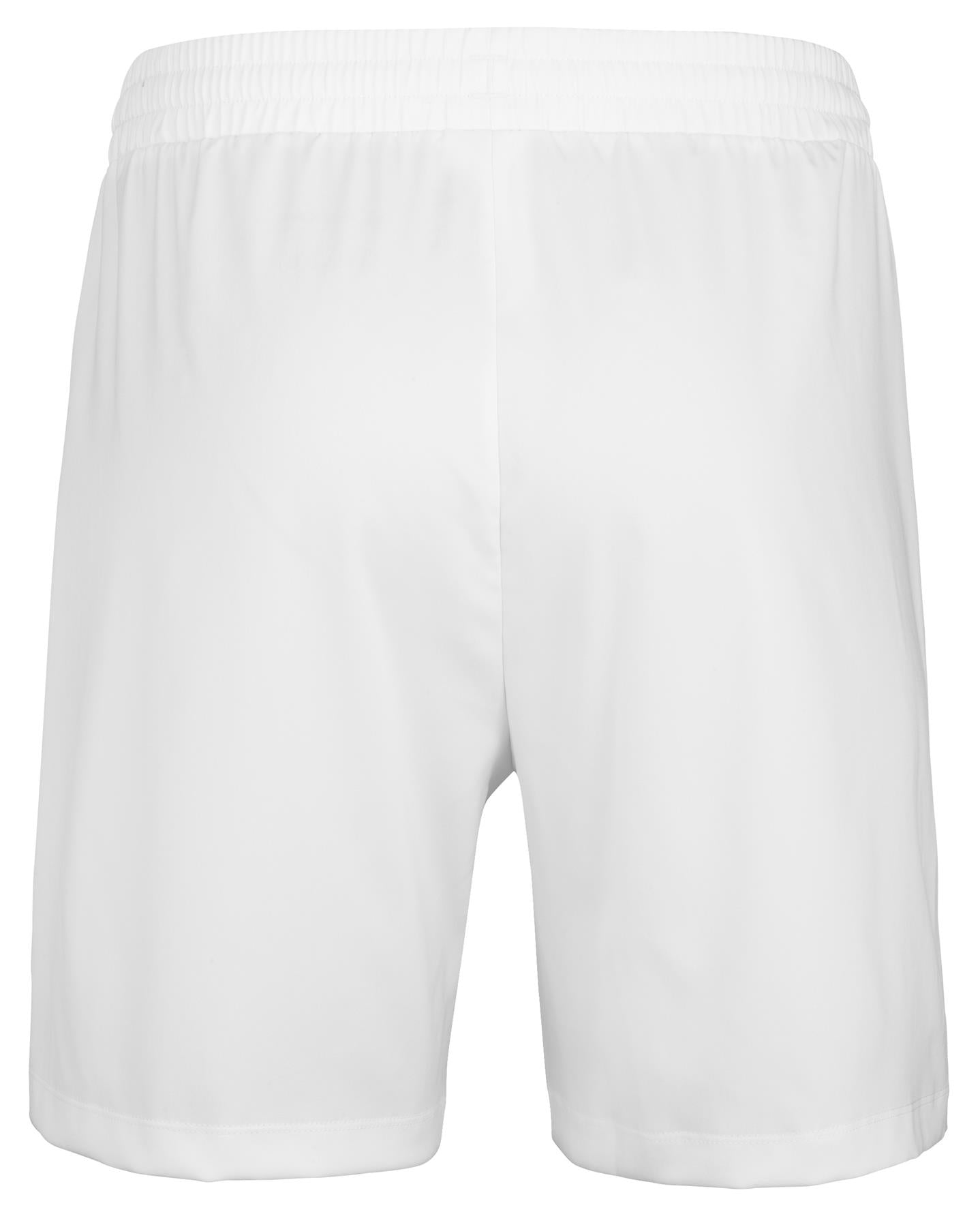 The Babolat Play Mens Padel Shorts - White, featuring an elastic waistband and shown from the back, are crafted from smooth, lightweight recycled polyester fabric. Ideal for both sports and casual wear, these shorts provide optimal flexibility with 360 Motion.
