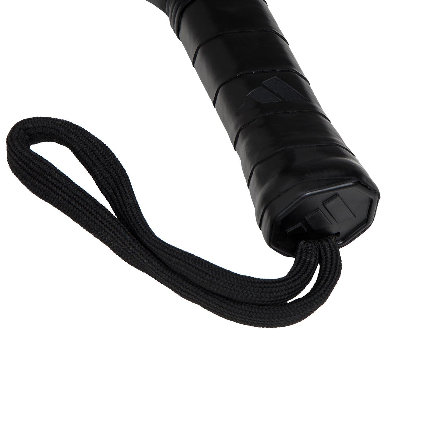 Close-up of the ADIDAS Drive Black 3.4 Padel Racket's black handle wrapped with a textured grip, perfect for beginners. It features a coiled wrist strap and has a glossy finish akin to high-quality fibreglass craftsmanship.
