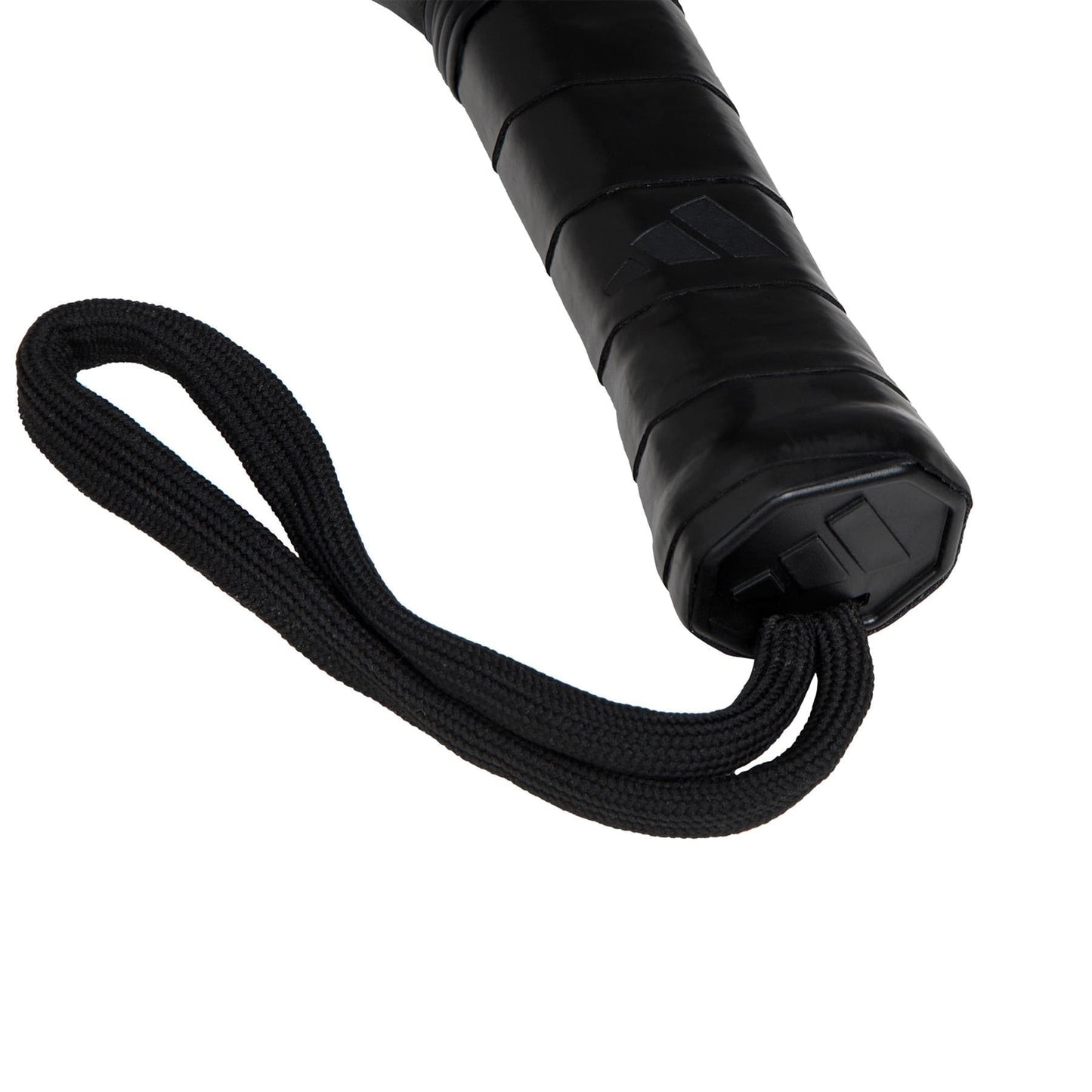 Close-up of the ADIDAS Drive Black 3.4 Padel Racket's black handle wrapped with a textured grip, perfect for beginners. It features a coiled wrist strap and has a glossy finish akin to high-quality fibreglass craftsmanship.