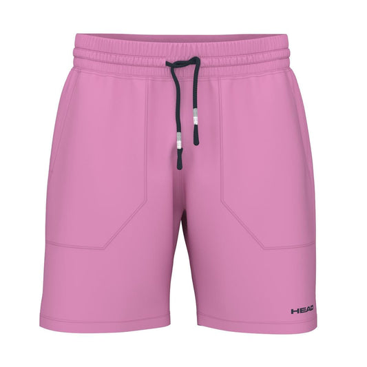 These cyan pink HEAD Performance Men's Play Padel Shorts are equipped with an elastic waistband and black drawstring, offering 4-way stretch for maximum comfort. Featuring subtle seam detailing and a small brand logo on the lower right leg, they are designed with Moisture Transfer Microfiber to ensure optimal breathability.