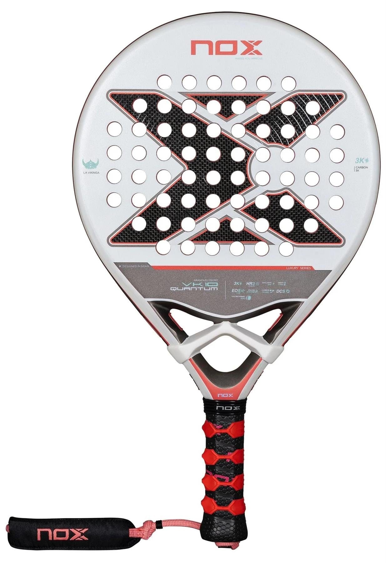 The NOX Luxury VK10 Quantum 3K By Aranzazu Osoro 2025 is a white and black padel racket with red accents, a large central "X", TECHNOLOGY EOS Flap, perforated face, and a black-and-red grip with wrist strap.
