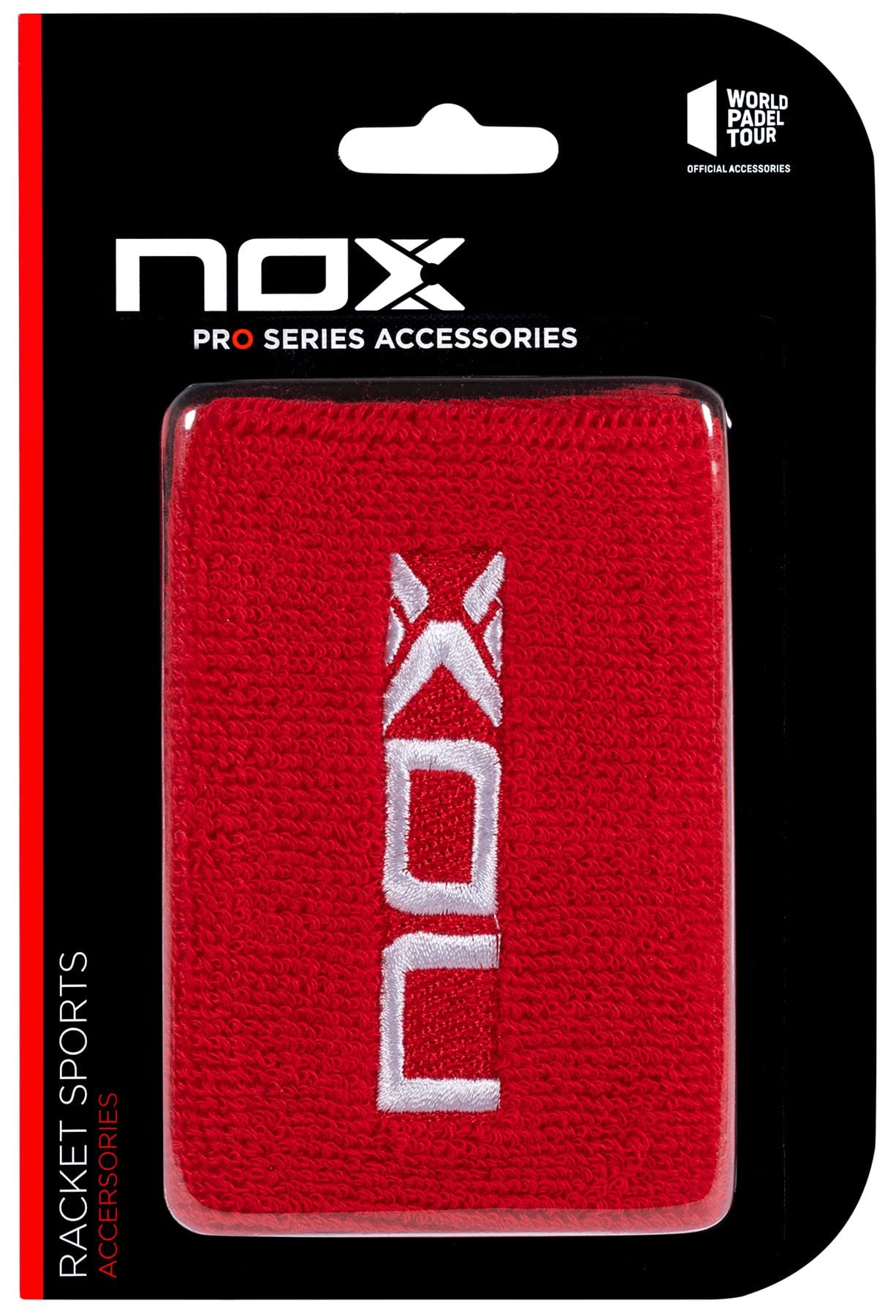 The NOX Padel Wristband - Red / White for racket sports comes in a black "NOX Pro Series Accessories" blister pack, features Balance Fresh sweat prevention, and displays the World Padel Tour logo in the top right corner.