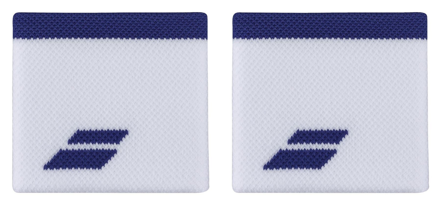 Product Description: Experience comfort with the Babolat Logo Padel Wristband in a stylish white and Sodalite Blue design. Each wristband is adorned with a dark blue stripe at the top and features an absorbent fabric. A distinctive zigzag-like, dark blue geometric logo is styled near the bottom, against a plain white background.