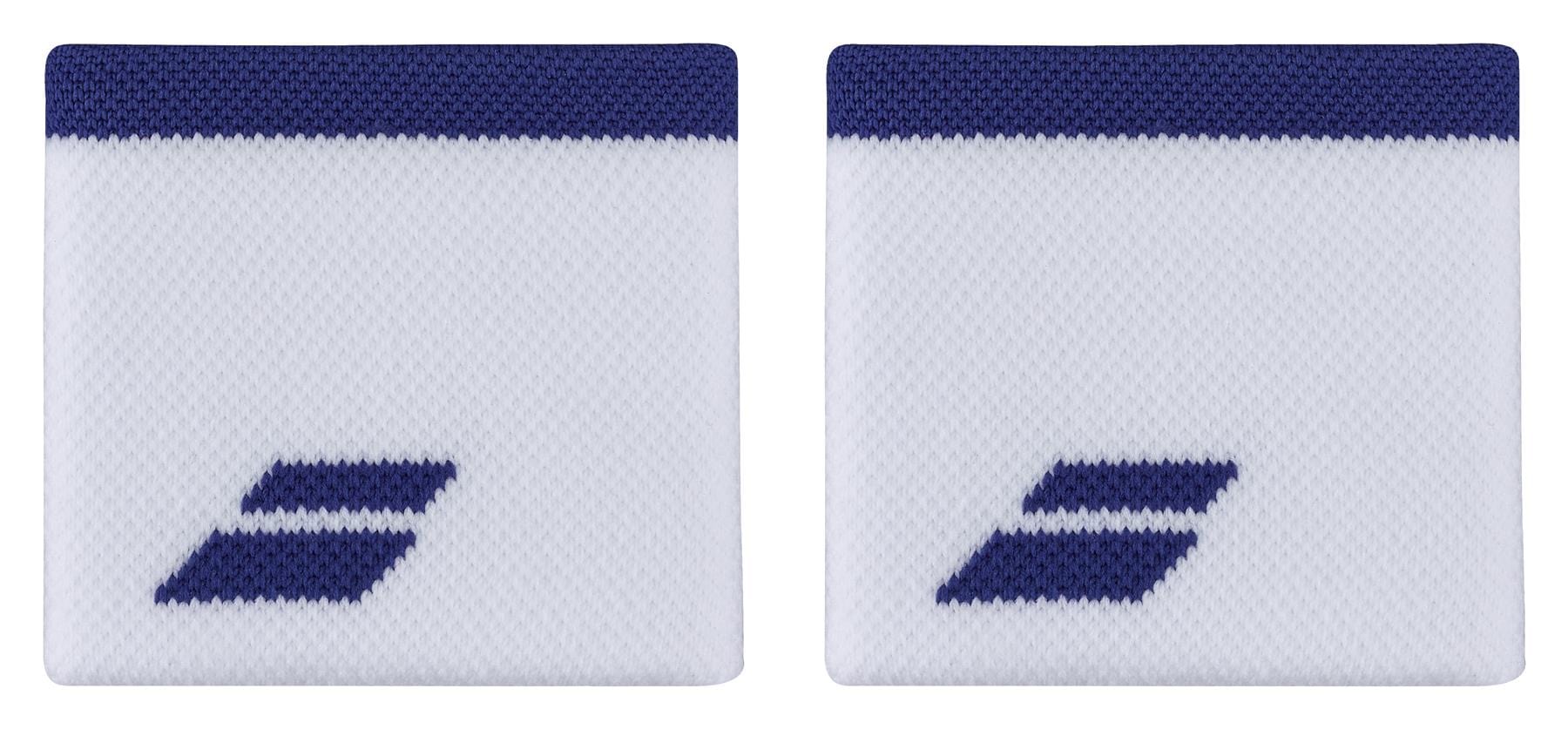Product Description: Experience comfort with the Babolat Logo Padel Wristband in a stylish white and Sodalite Blue design. Each wristband is adorned with a dark blue stripe at the top and features an absorbent fabric. A distinctive zigzag-like, dark blue geometric logo is styled near the bottom, against a plain white background.