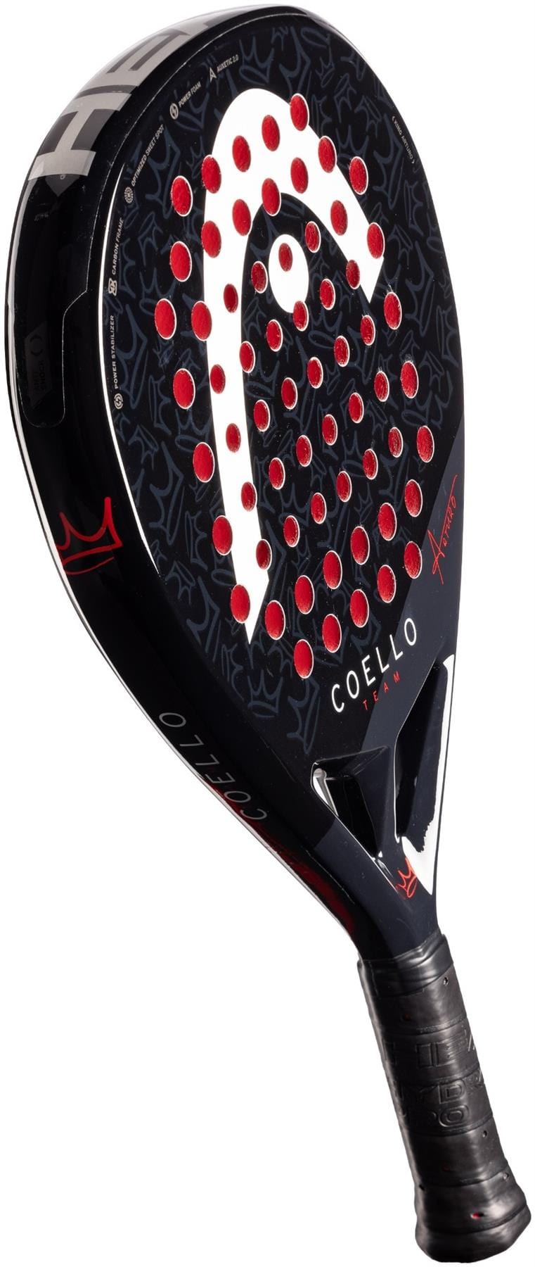 The HEAD Coello Team 2025 Padel Racket - Black by HEAD features red dots, a large white logo, "COELLO" on the face, Power Foam for performance, and a black grip-wrapped handle.