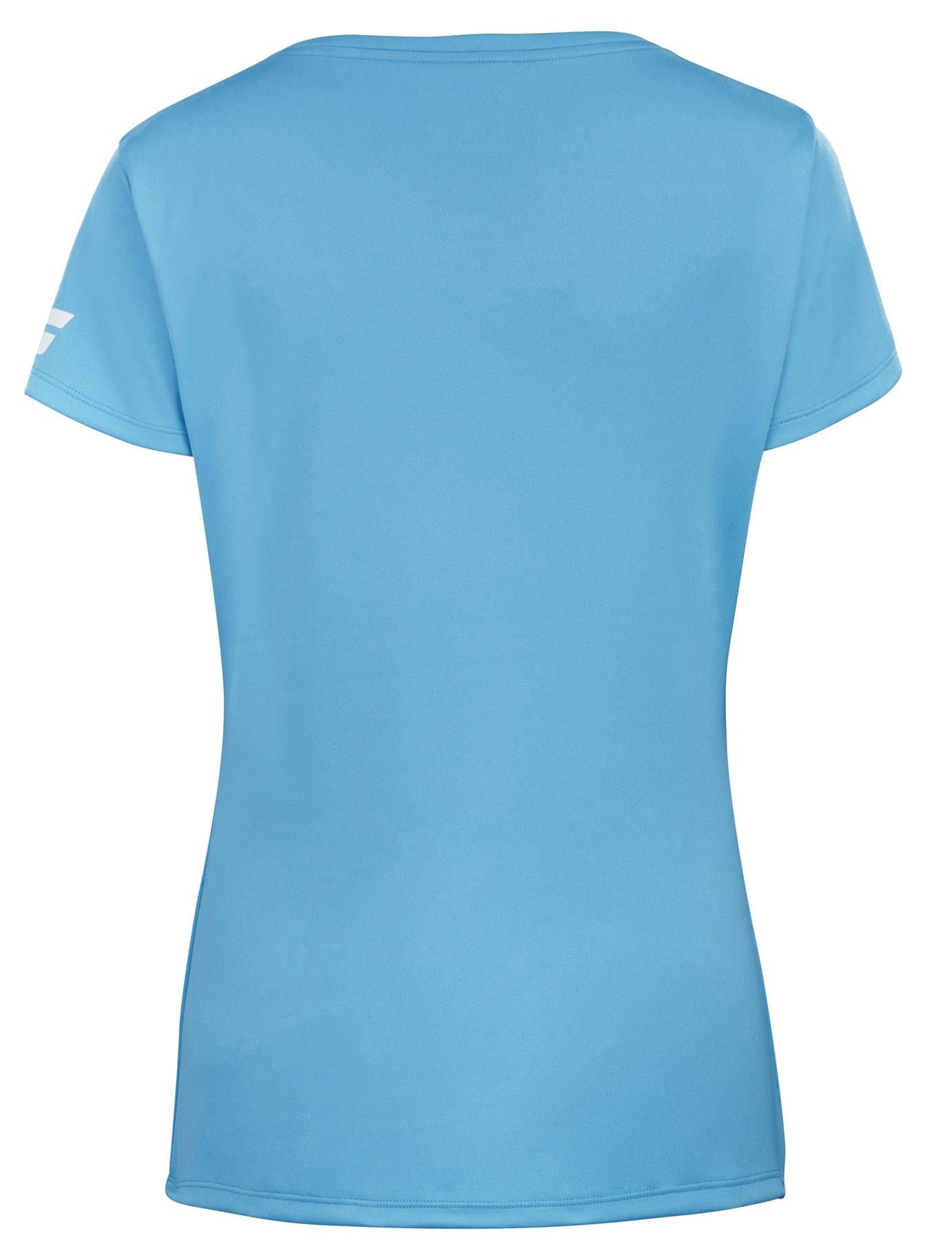The Babolat Play Women's Padel Cap Sleeve Top in Cyan Blue is a minimalist cap sleeve top with a small white logo on the left sleeve, showcased from the back. Made from recycled polyester fabric, it combines comfort and sustainability.