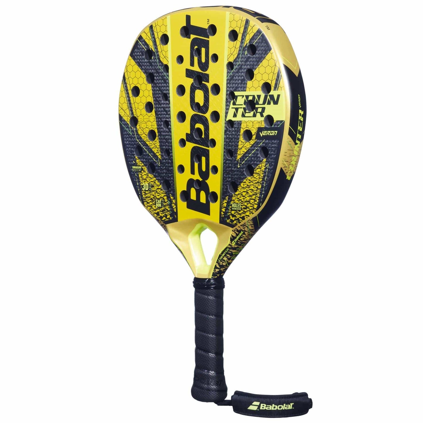 The Babolat Counter Veron Padel Racket in yellow and black showcases a perforated pattern and textured surface, incorporating Carbon Flex technology. The handle is equipped with a black grip and a Babolat-branded wrist strap, with "Counter Vertuo" clearly visible on the face for precision play.