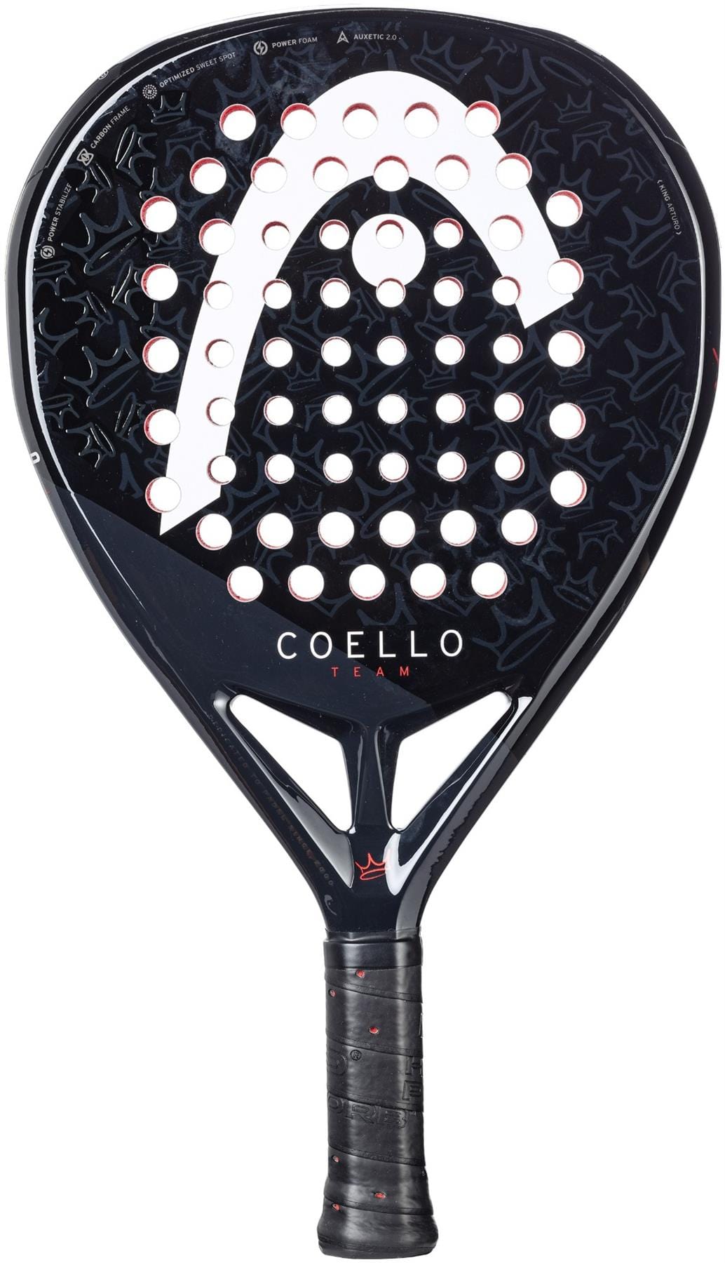 The HEAD Coello Team 2025 Padel Racket in black features white and red accents, "COELLO TEAM" on the face, Power Foam and Auxetic 2.0 for performance, a perforated surface, and a black grip tape handle.