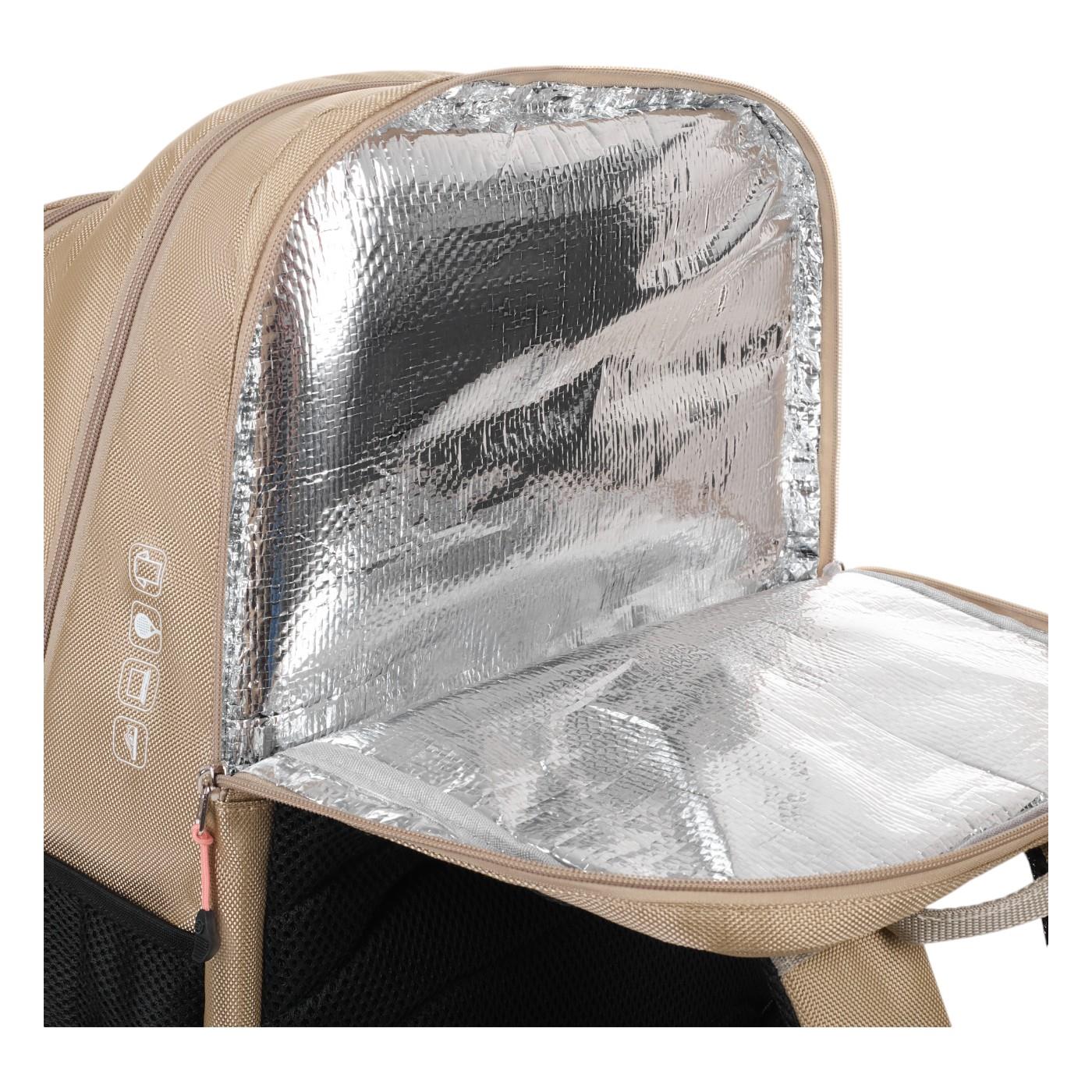 Introducing the Bullpadel Vertex 25 Padel Backpack in Stone, featuring a thermo-lined compartment to keep contents cool. This stylish and practical beige backpack is adorned with simple icon designs, perfect for your daily adventures.