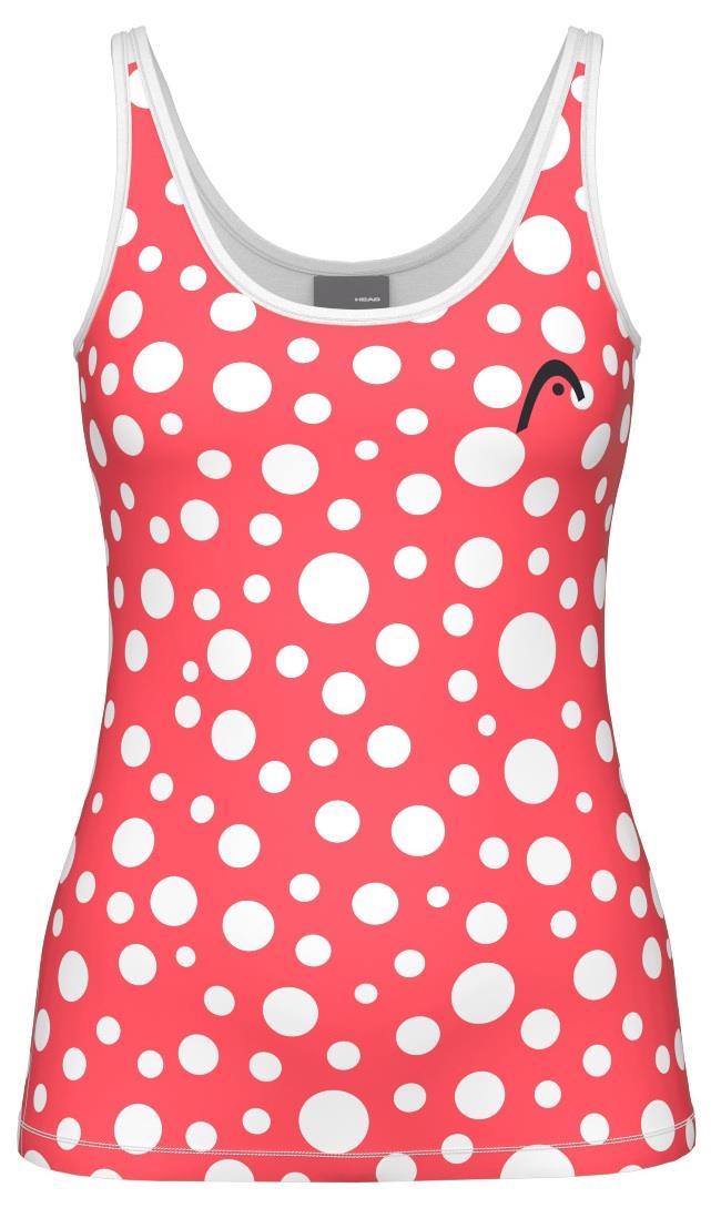 The HEAD Spirit II Womens Padel Tank Top - GIXR is a red sleeveless top featuring bold white polka dots, advanced cooling technology, a curved logo on the left chest, and white-trimmed neckline and armholes for added style.