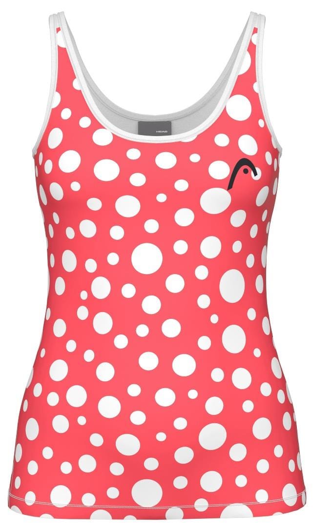 The HEAD Spirit II Womens Padel Tank Top - GIXR is a red sleeveless top featuring bold white polka dots, advanced cooling technology, a curved logo on the left chest, and white-trimmed neckline and armholes for added style.