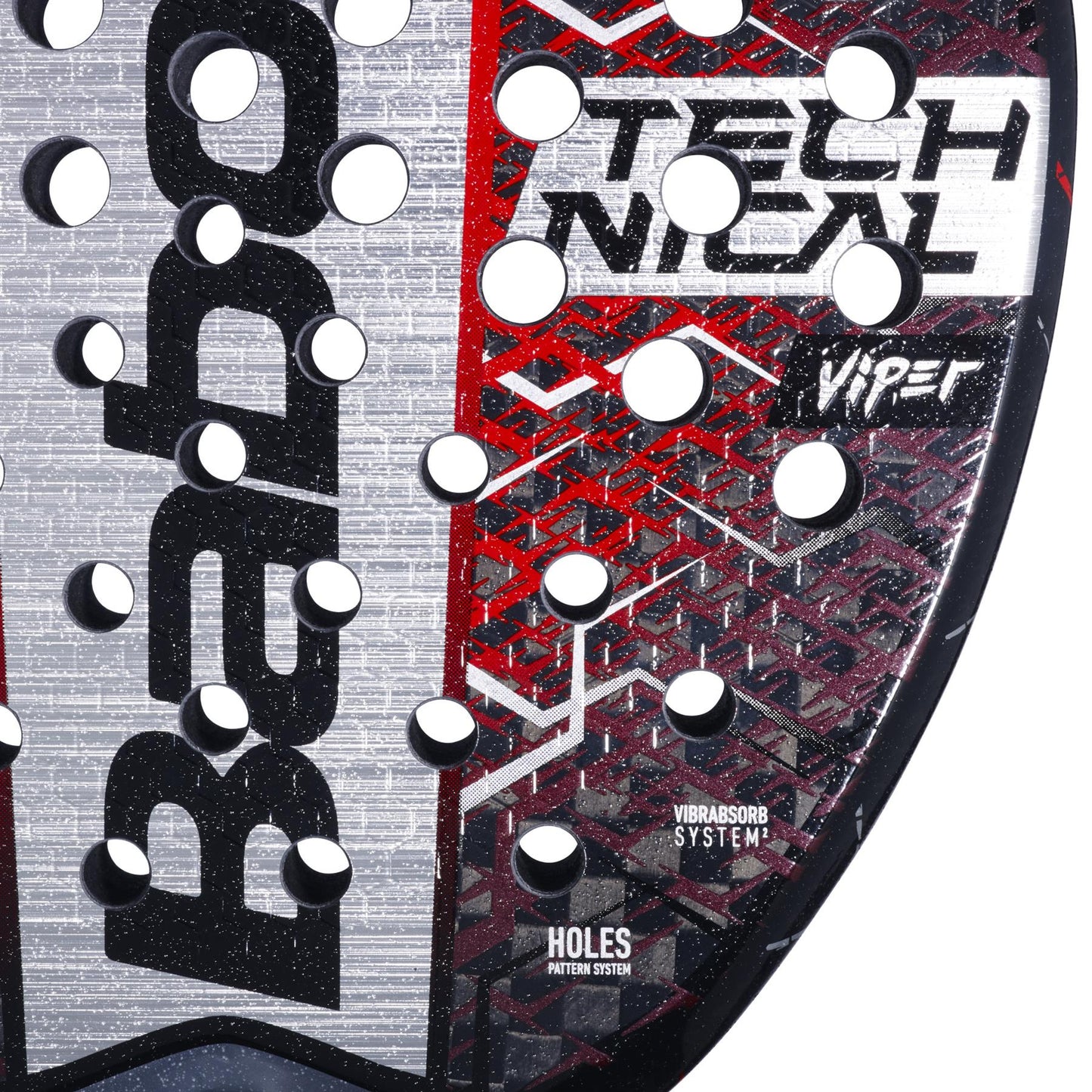 Close-up of a Babolat Technical Viper 2.5 Padel Racket in black and red, featuring a perforated surface for enhanced spin, brand logos, and text like "Technical Viper" and "Vibrabsorb System," engineered for power.