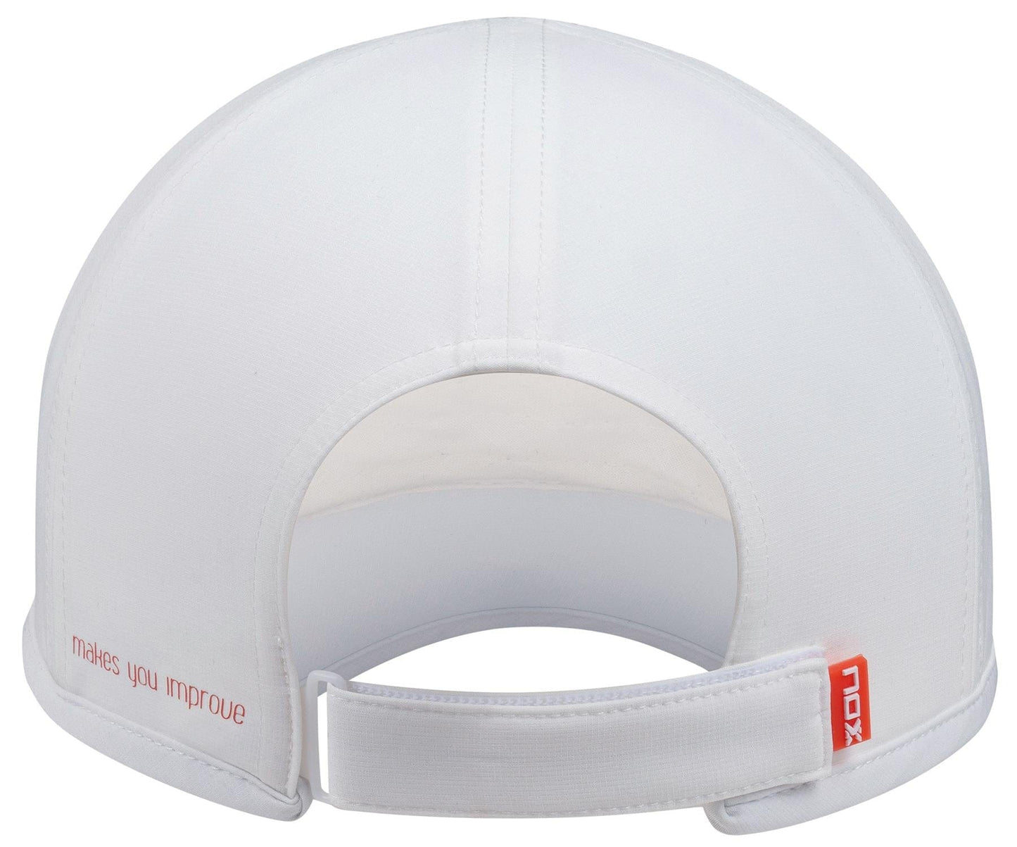 The NOX Padel Cap - White / Red by NOX features an adjustable Velcro strap, back opening, and red "makes you improve" and "NOX" text for style and sun protection, shown here from the back.
