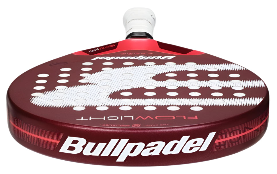 The red Bullpadel Flow Light 2025 padel racket offers great maneuverability and control with its circular, perforated head. The Bullpadel logo is prominently displayed on the face, while the brand name is elegantly printed along the edge of this premium racket.