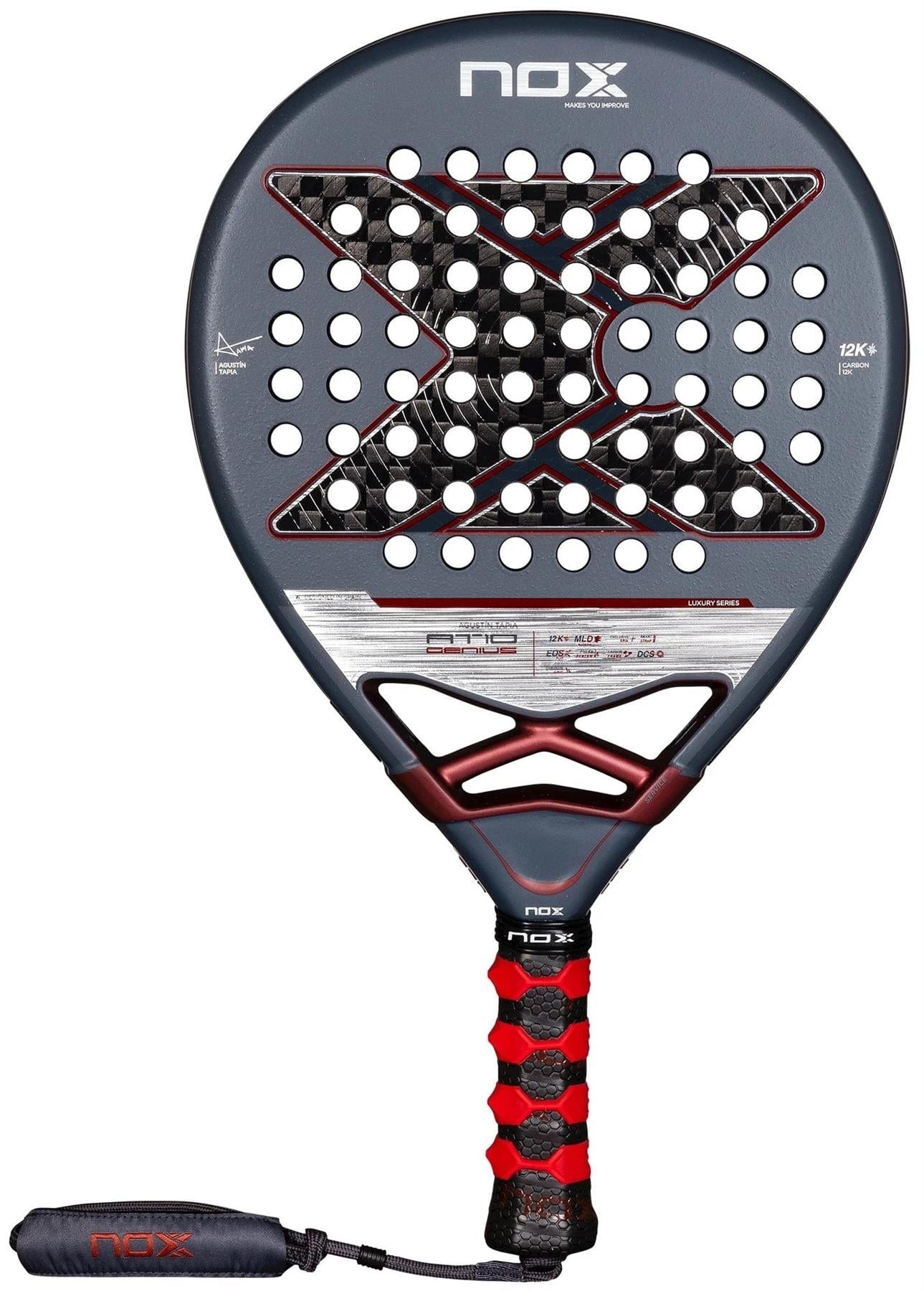 The NOX AT10 Luxury Genius 12K By Agustin Tapia 2025 Padel Racket features a black, red, and gray X-patterned 12K carbon fiber face with perforations and a textured handle with red and black grip plus wrist strap.