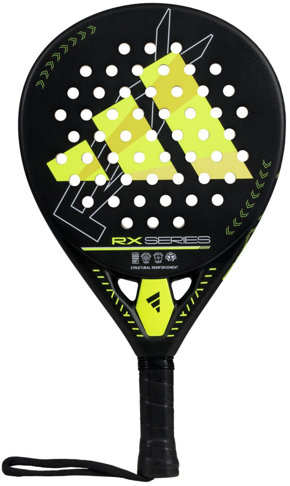 Introducing the adidas RX Series Lime 3.4 Padel Racket, ideal for intermediate players with its black and lime design, geometric patterns in white and yellow, textured surface with circular holes, and a secure wrist strap at the handle.
