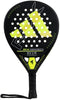 Introducing the adidas RX Series Lime 3.4 Padel Racket, ideal for intermediate players with its black and lime design, geometric patterns in white and yellow, textured surface with circular holes, and a secure wrist strap at the handle.