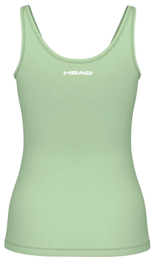 A light green HEAD Spirit II Women's Padel tank top is set against a white background. It features a round neckline with the HEAD design in white across the chest, crafted from moisture transfer microfiber to ensure comfort and dryness.