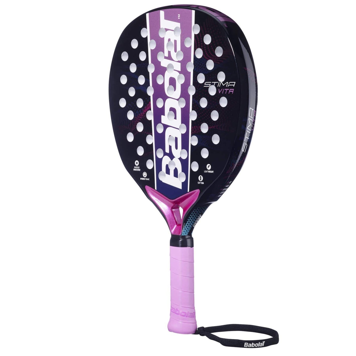 The Babolat Stima Vita Padel Racket - Black / Purple features white text, circular holes, a pink grip, and a black wrist strap attached to the handle. The lightweight design and model name on the side make it both stylish and practical.