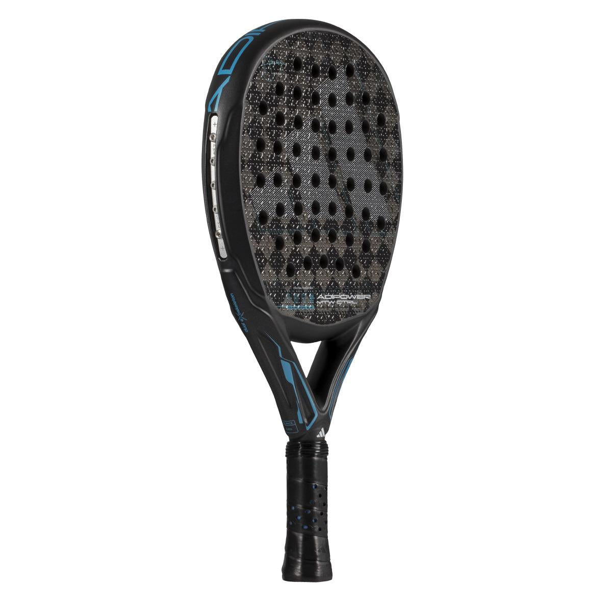 An ADIDAS Adipower Multiweight CTRL 3.4 Padel Racket in black and blue, with a perforated surface and textured handle, reminiscent of Álex Ruiz's style, is positioned vertically against a plain white background.