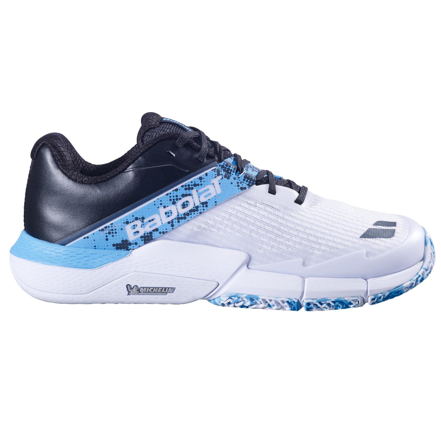 The Babolat Movea 2 Men's Padel Shoes in white and cyan blue feature black details, the brand name on the side, a Michelin Padel textured sole for enhanced grip, and a mesh-solid material blend offering breathability and support—perfect for padel.