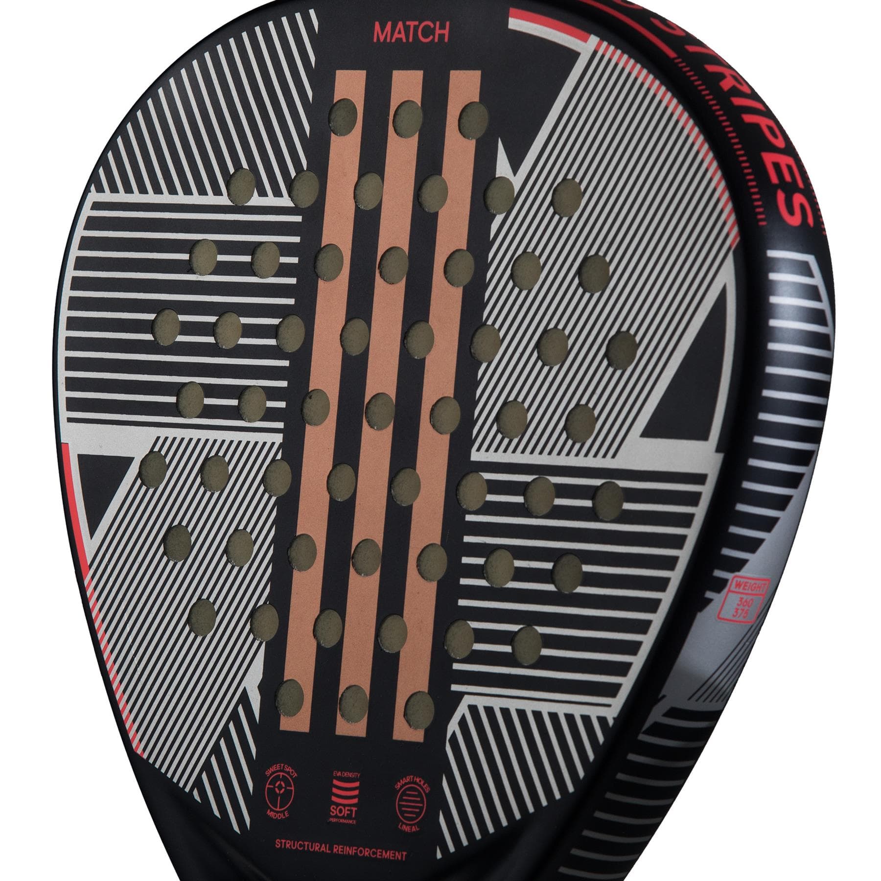 Close-up of an ADIDAS Match 3.3 Padel Racket featuring a sleek black and red geometric design, highlighted by orange stripes down the center. Ideal for beginner players, this fiberglass racket includes multiple small circular holes and has "MATCH" prominently displayed at the top.