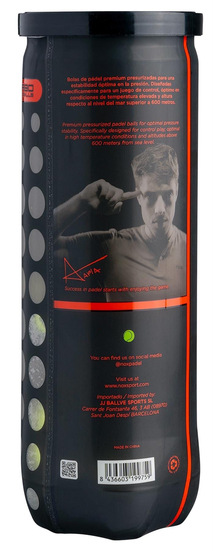 The NOX Nerbo Padel Balls - 3 Ball Tube features a cylindrical canister with a photo of a man holding a paddle racket, showcasing lively bounce, top court performance, product details, and bilingual NOX branding.