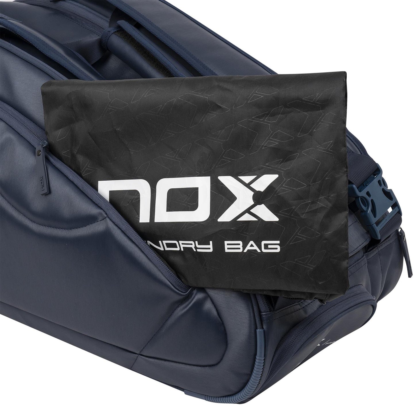 A black laundry bag labeled "NOX LAUNDRY BAG" is partly tucked into the side pocket of the NOX Pro Series Padel Racket Bag - Blue, showcasing NOX’s blend of style and practicality for travel.