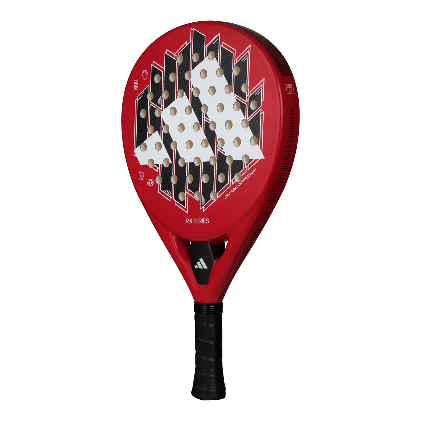 The ADIDAS RX Series Padel Racket - Red by adidas showcases a stylish red design adorned with a geometric pattern of white and black triangles and small circular openings on the face. Its fiberglass construction guarantees durability, while the handle features a textured grip for enhanced comfort. The racket integrates soft performance EVA rubber to elevate your gameplay.